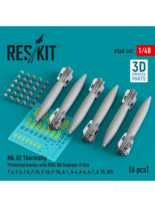 Reskit - Mk.82 thermally protected bombs with BSU-86 Snakeye II fins (6 pcs) (F-4, F-5, F-8, F-15, F-16, F-18, A-1, A-4, A-6, A-7, A-10, Kfir) (3D Printed)