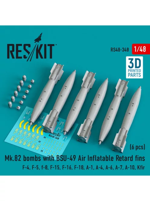 Reskit - Mk.82 bombs with BSU-49 air inflatable retard fins (6 pcs) (F-4, F-5, F-8, F-15, F-16, F-18, A-1, A-4, A-6, A-7, A-10, Kfir) (3D Printed)