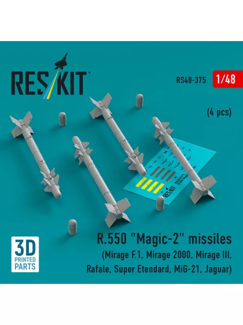 Reskit - R.550 Magic-2 missiles (4 pcs) (Mirage F.1 Mirage 2000 Mirage III Rafale Super Etendard MiG-21 Jaguar) (3D Printed)