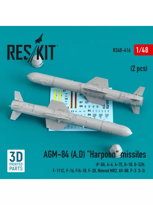 Reskit - AGM-84 (A,D) Harpoon missiles (2 pcs) (P-8A A-6 A-7E B-1B B-52H F-111C F-16 F/A-18 F-20 Nimrod MR2 AV-8B P-3 S-3) (3D Printed)