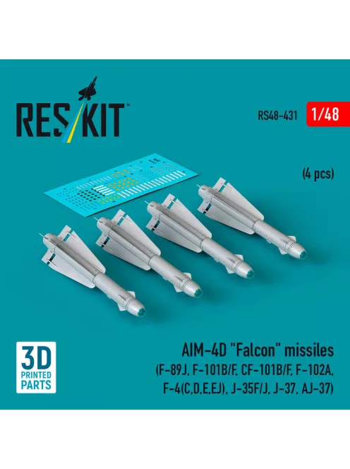 Reskit - AIM-4D Falcon missiles (4 pcs) (F-89J, F-101B/F, CF-101B/F, F-102A, F-4(C,D,E,EJ), J-35F/J, J-37, AJ-37) (3D Printed)