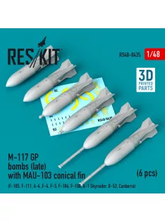   Reskit - M-117 GP bombs (late) with MAU-103 conical fin (6 pcs) (F-105 F-111 A-4 ,F-4 F-5 F-104 F-100 A-1 Skyraider B-52 Canberra) (3D Printed)