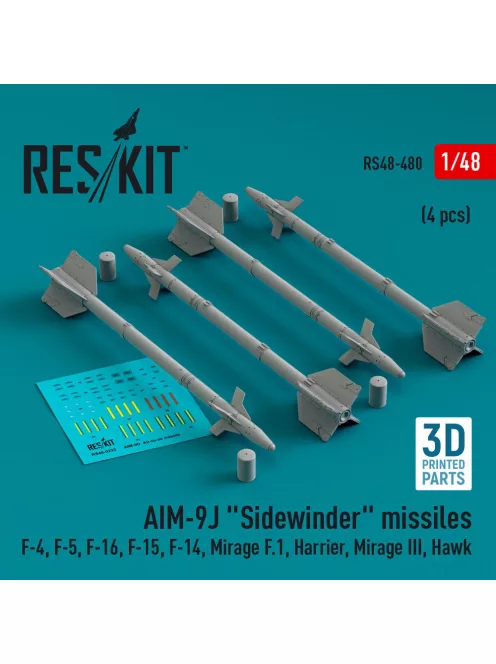 Reskit - AIM-9J Sidewinder missiles (4 pcs) (F-4, F-5, F-16, F-15, F-14, Mirage F.1, Harrier, Mirage III, Hawk) (3D Printed)