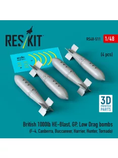   Reskit - British 1000lb HE-Blast GP Low Drag bombs (4 pcs) (F-4 Canberra Buccaneer Harrier Hunter Tornado) (3D printed)