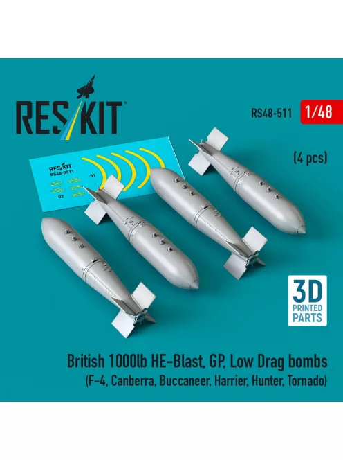 Reskit - British 1000lb HE-Blast GP Low Drag bombs (4 pcs) (F-4 Canberra Buccaneer Harrier Hunter Tornado) (3D printed)