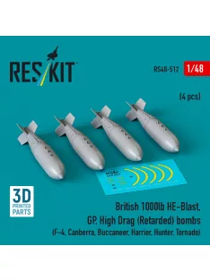   Reskit - British 1000lb HE-Blast GP High Drag (Retarded) bombs (4 pcs) (F-4 Canberra Buccaneer Harrier Hunter Tornado) (3D printed)