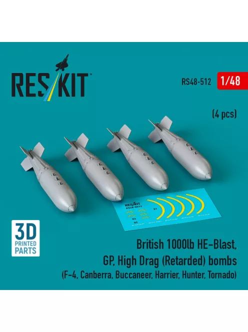 Reskit - British 1000lb HE-Blast GP High Drag (Retarded) bombs (4 pcs) (F-4 Canberra Buccaneer Harrier Hunter Tornado) (3D printed)