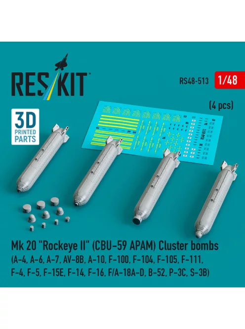 Reskit - Mk 20 Rockeye II (CBU-59 APAM) Cluster bombs (A-4 A-6 A-7 AV-8B A-10 F-100 F-104 F-105 F-111 F-4 F-5 F-15E F-14 F-16 F/A-18A-D B-52 P-3C S-3B) (4 pcs) (3D Printed)