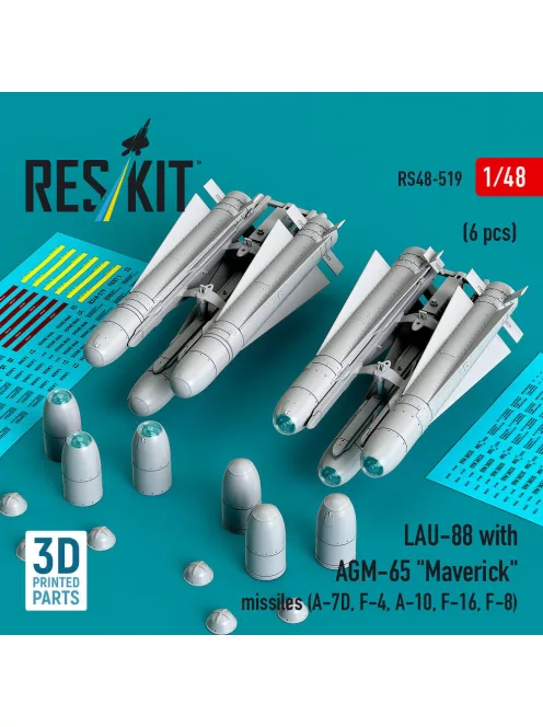 Reskit - LAU-88 with (2 pcs) AGM-65 Maverick missiles (6 pcs) (A-7D, F-4, A-10, F-16) (3D Printed)