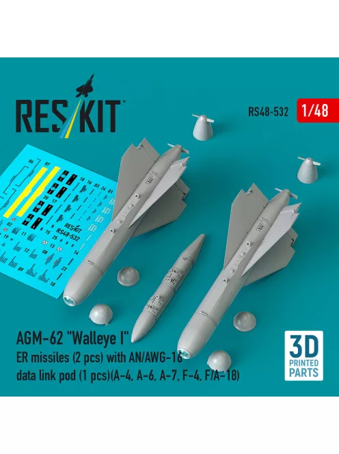 Reskit - AGM-62 Walleye I ER missiles (2 pcs) with AN/AWG-16 data link pod (1 pcs) (A-4, A-6, A-7, F-4, F/A-18) (3D Printed)