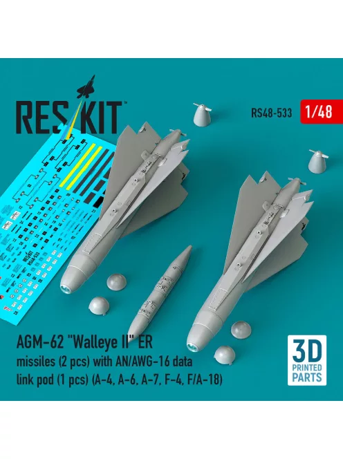 Reskit - AGM-62 Walleye II ER missiles (2 pcs) with AN/AWG-16 data link pod (1 pcs) (A-4 A-6 A-7 F-4 F/A-18) (3D Printed)
