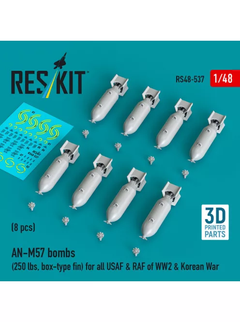 Reskit - AN-M57 bombs (250 lbs box-type fin) for all USAF & RAF of WW2 & Korean War (8 pcs) (3D Printed)