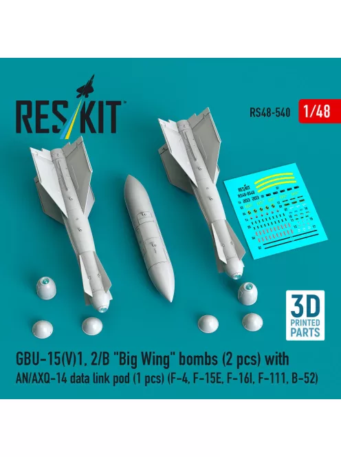 Reskit - GBU-15(V)1, 2/B Big Wing bombs (2 pcs) with AN/AXQ-14 data link pod (1 pcs) (F-4, F-15E, F-16I, F-111, B-52) (3D Printed)