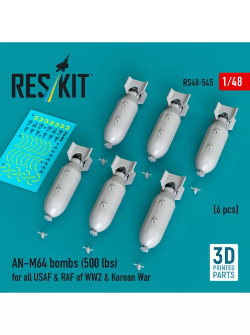 Reskit - AN-M64 bombs (6 pcs) (500 lbs) for all USAF & RAF of WW2 & Korean War (3D Printed)