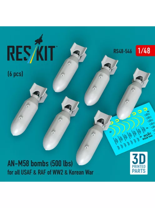 Reskit - AN-M58 bombs (6 pcs) (500 lbs) for all USAF & RAF of WW2 & Korean War (3D Printed)