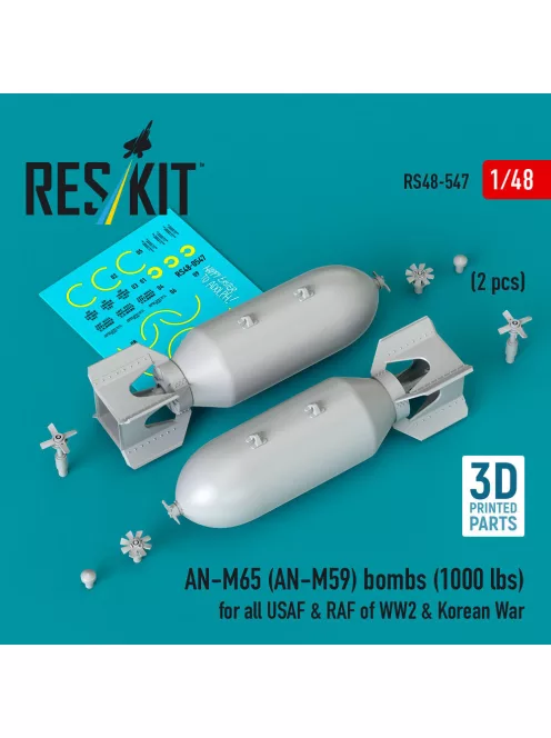 Reskit - AN-M65 (AN-M59) bombs (2 pcs) (1000 lbs) for all USAF & RAF of WW2 & Korean War (3D Printed)