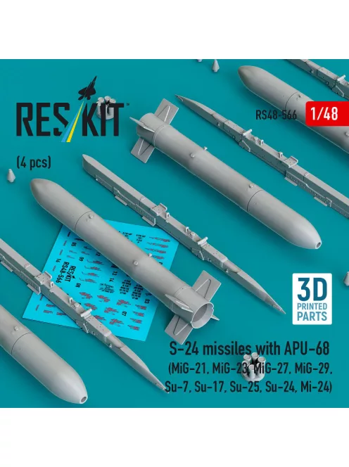 Reskit - S-24 missiles with APU-68 (4 pcs) (MiG-21 MiG-23 MiG-27 MiG-29 Su-7 Su-17 Su-25 Su-24 Mi-24) (3D Printed)