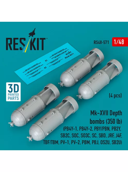 Reskit - Mk-XVII Depth bombs (350 lb) (4 pcs) (PB4Y-1, PB4Y-2, PBY/PBN, PB2Y, SB2C, SOC, SO3C, SC, SBD, JRF, J4F, TBF/TBM, PV-1, PV-2, PBM, PBJ, OS2U, SB2U ) (3D Printed)