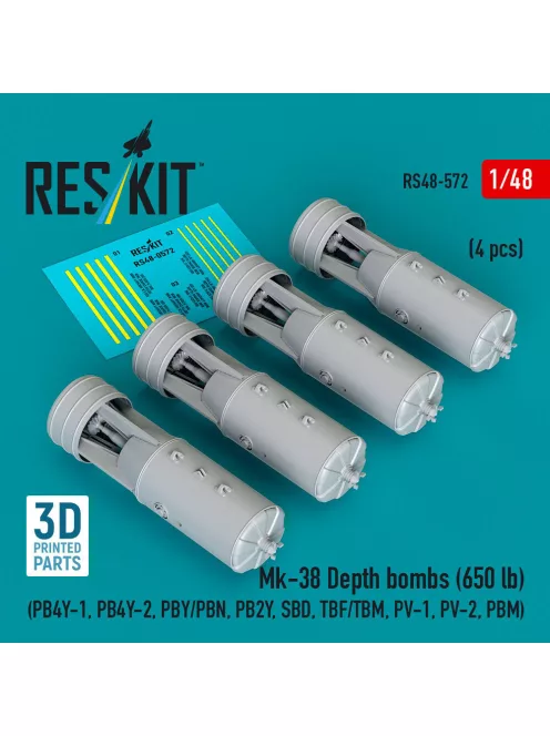 Reskit - Mk-38 Depth bombs (650 lb) (4 pcs) (PB4Y-1, PB4Y-2, PBY/PBN, PB2Y, SBD, TBF/TBM, PV-1, PV-2, PBM) (3D Printed)