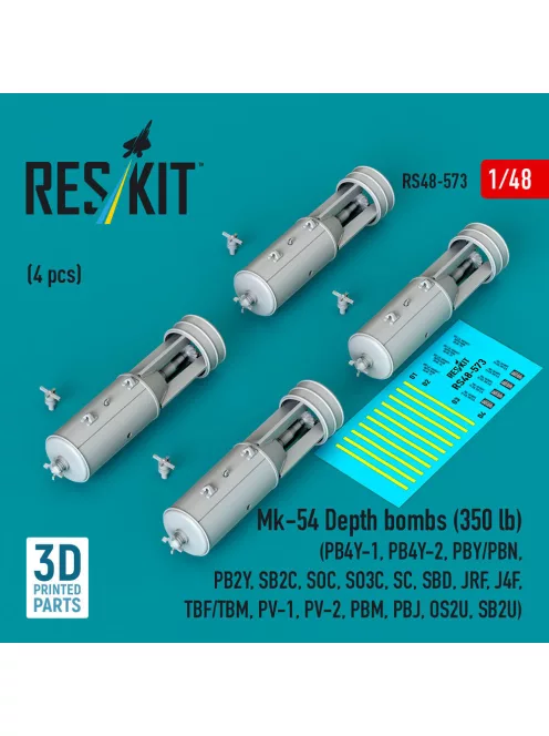 Reskit - Mk-54 Depth bombs (350 lb) (4 pcs) (PB4Y-1 PB4Y-2 PBY/PBN PB2Y SB2C SOC SO3C SC SBD JRF J4F TBF/TBM PV-1 PV-2 PBM PBJ OS2U SB2U) (3D Printed)