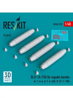   Reskit - BLU-1A (750 lb) napalm bombs (4 pcs) (A-1 A-4 A-7 A-26K B-57 F-100) (3D Printed)