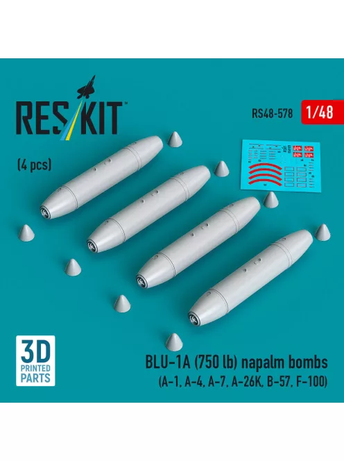 Reskit - BLU-1A (750 lb) napalm bombs (4 pcs) (A-1 A-4 A-7 A-26K B-57 F-100) (3D Printed)
