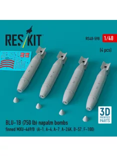   Reskit - BLU-1B (750 lb) napalm bombs finned MXU-469/B (4 pcs) (A-1 A-4 A-7 A-26K B-57 F-100) (3D Printed)
