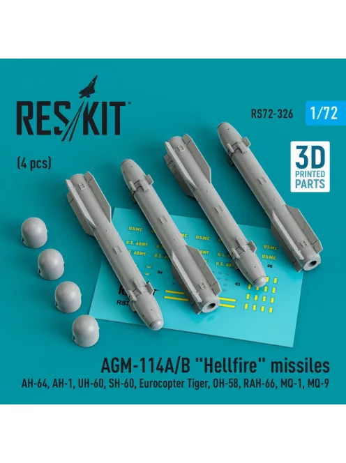 Reskit - AGM-114A/B Hellfire missiles (4 pcs) (AH-64, AH-1, UH-60, SH-60, Eurocopter Tiger, OH-58, RAH-66, MQ-1, MQ-9) (3D Printed)