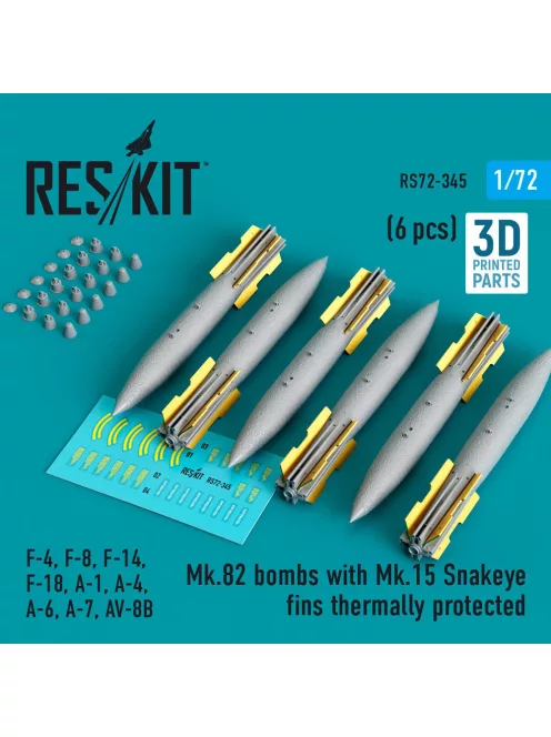 Reskit - Mk.82 bombs with Mk.15 Snakeye fins thermally protected (6 pcs) (F-4, F-8, F-14 F-18, A-1, A-4, A-6, A-7, AV-8B) (3D Printed)