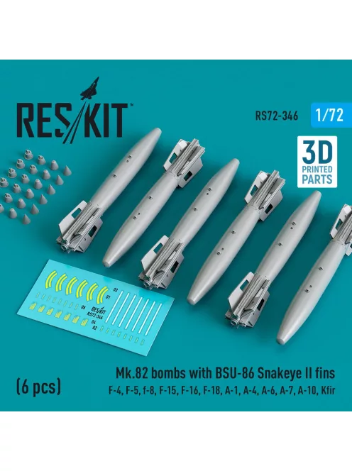 Reskit - Mk.82 bombs with BSU-86 Snakeye II fins (6 pcs) (F-4, F-5, F-8, F-15, F-16, F-18, A-1, A-4, A-6, A-7, A-10, Kfir) (3D Printed)