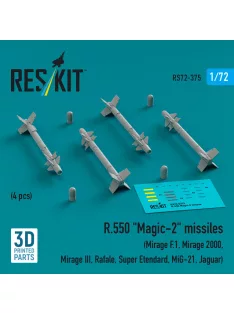   Reskit - R.550 Magic-2 missiles (4 pcs) (Mirage F.1 Mirage 2000 Mirage III Rafale Super Etendard MiG-21 Jaguar) (3D Printed)