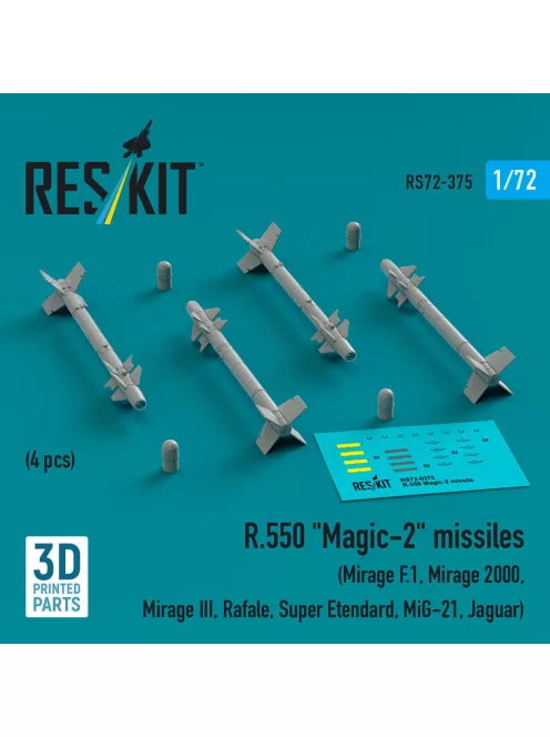 Reskit - R.550 Magic-2 missiles (4 pcs) (Mirage F.1 Mirage 2000 Mirage III Rafale Super Etendard MiG-21 Jaguar) (3D Printed)
