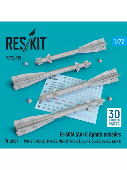 Reskit - R-60? (AA-8 Aphid) missiles (4 pcs) (MiG-21,MiG-23,MiG-25, MiG-29,MiG-31,Su-17,Su-24,Su-25,Yak-38) (3D Printed)