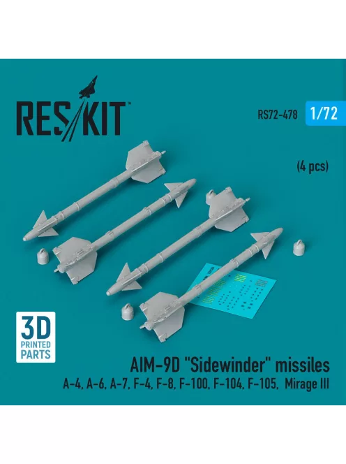 Reskit - AIM-9D Sidewinder missiles (4 pcs) (A-4, A-6, A-7, F-4, F-8, F-100, F-104, F-105, Mirage III) (3D Printed)