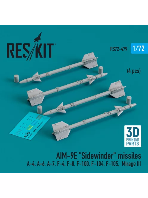 Reskit - AIM-9E Sidewinder missiles (4 pcs) (A-4, A-6, A-7, F-4, F-8, F-100, F-104, F-105, Mirage III) (3D Printed)