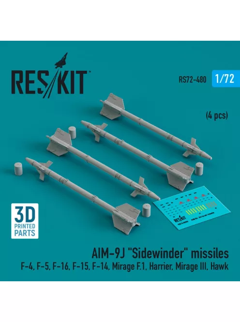 Reskit - AIM-9J Sidewinder missiles (4 pcs) (F-4, F-5, F-16, F-15, F-14, Mirage F.1, Harrier, Mirage III, Hawk) (3D Printed)