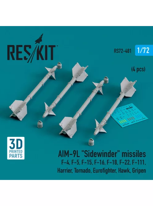 Reskit - AIM-9L Sidewinder missiles (4 pcs) (F-4, F-5, F-15, F-16, F-18, F-22, F-111, Harrier, Tornado, Eurofighter, Hawk, Gripen) (3D Printed)