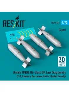   Reskit - British 1000lb HE-Blast, GP, Low Drag bombs (4 pcs) (F-4, Canberra, Buccaneer, Harrier, Hunter, Tornado) (3D printed)