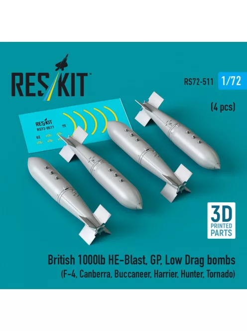 Reskit - British 1000lb HE-Blast, GP, Low Drag bombs (4 pcs) (F-4, Canberra, Buccaneer, Harrier, Hunter, Tornado) (3D printed)