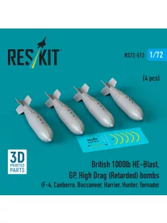   Reskit - British 1000lb HE-Blast, GP, High Drag (Retarded) bombs (4 pcs) (F-4, Canberra, Buccaneer, Harrier, Hunter, Tornado) (3D printed)
