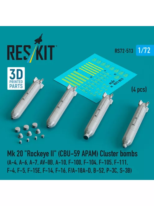 Reskit - Mk 20 Rockeye II (CBU-59 APAM) Cluster bombs (A-4, A-6, A-7, AV-8B, A-10, F-100, F-104, F-105, F-111, F-4, F-5, F-15E, F-14, F-16, F/A-18A-D, B-52, P-3C, S-3B) (4 pcs) (3D Printed)