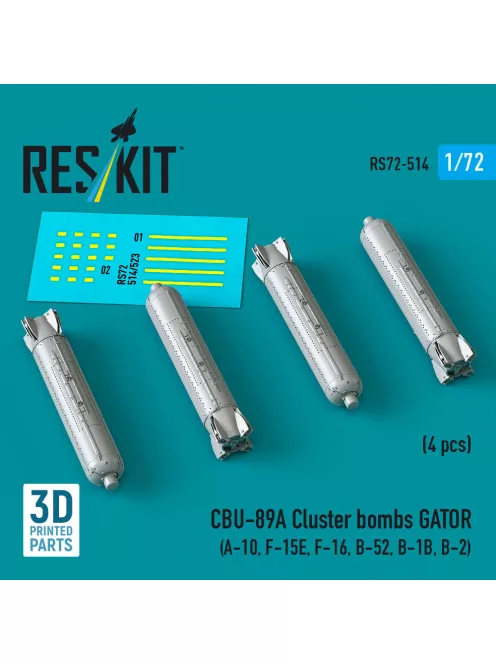Reskit - CBU-89A cluster bombs GATOR (4 pcs) (A-10, F-15E, F-16, B-52, B-1B, B-2) (3D Printed)