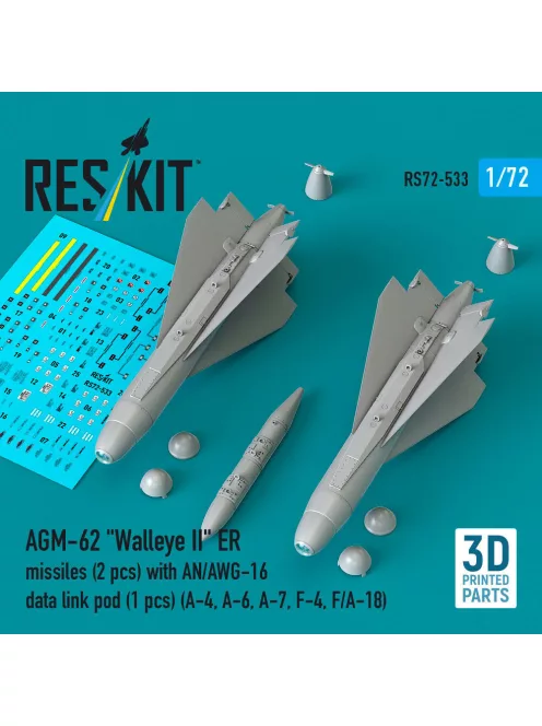 Reskit - AGM-62 Walleye II ER missiles (2 pcs) with AN/AWG-16 data link pod (1 pcs) (A-4 A-6 A-7 F-4 F/A-18) (3D Printed)