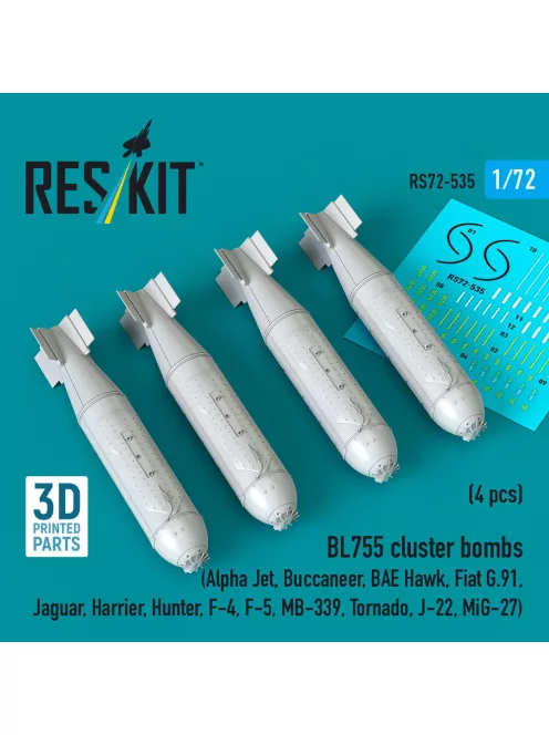 Reskit - BL755 cluster bombs (4 pcs) (Alpha Jet Buccaneer BAE Hawk Fiat G.91 Jaguar Harrier Hunter F-4 F-5 MB-339 Tornado J-22 MiG-27) (3D Printed)