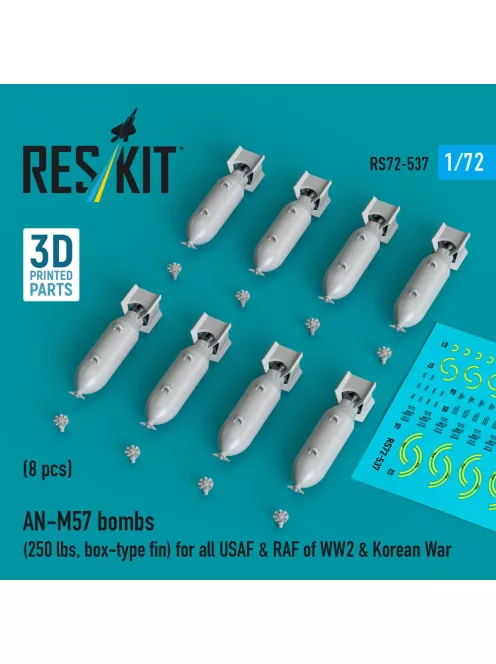 Reskit - AN-M57 bombs (250 lbs box-type fin) for all USAF & RAF of WW2 & Korean War (8 pcs) (3D Printed)