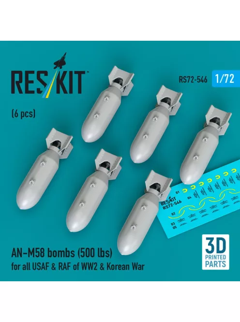 Reskit - AN-M58 bombs (500 lbs) for all USAF & RAF of WW2 & Korean War (6 pcs) (3D Printed)