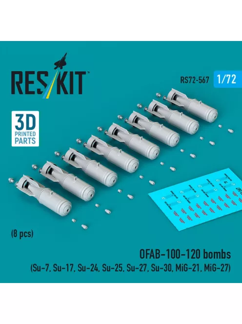 Reskit - OFAB-100-120 bombs (8 pcs) (Su-7, Su-17, Su-24, Su-25, Su-27, Su-30, MiG-21, MiG-27) (3D Printed)
