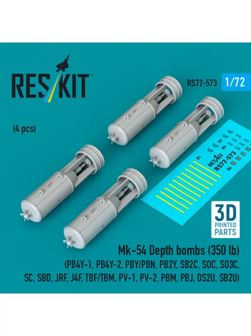 Reskit - Mk-54 Depth bombs (350 lb) (4 pcs) (PB4Y-1 PB4Y-2 PBY/PBN PB2Y SB2C SOC SO3C SC SBD JRF J4F TBF/TBM PV-1 PV-2 PBM PBJ OS2U SB2U) (3D Printed)