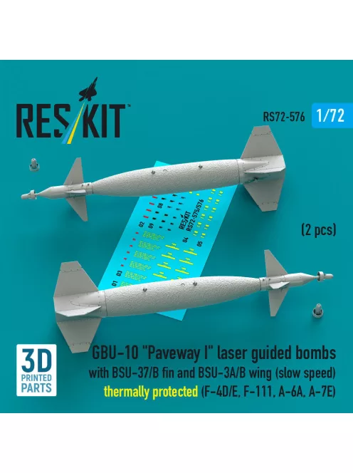 Reskit - GBU-10 Paveway I laser guided bombs with BSU-37/B fin and BSU-3A/B wing (slow speed) thermally protected (2 pcs) (F-4D/E F-111 A-6A A-7E) (3D Printed)