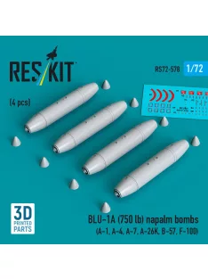   Reskit - BLU-1A (750 lb) napalm bombs (4 pcs) (A-1 A-4 A-7 A-26K B-57 F-100) (3D Printed)